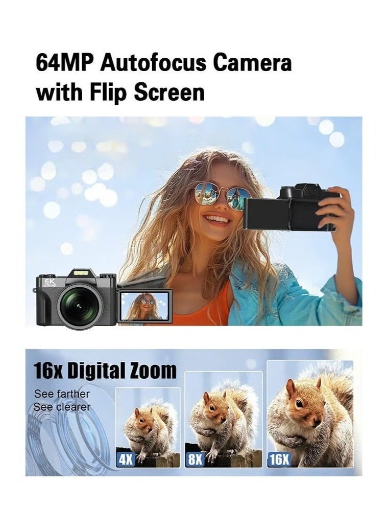 إيكويكام كاميرا رقمية 6K للتصوير - كاميرات رقمية مع بطاقة TF سعة 128 جيجابايت، وكاميرات فيديو مدونات واي فاي بدقة 64 ميجابكسل لليوتيوب مع شاشة قلابة 3 بوصات بزاوية 180 درجة، وتقريب رقمي 16X مع ضبط تلقائي للصورة، وعدسة واسعة الزاوية وماكرو، وبطاريتان - Image 3